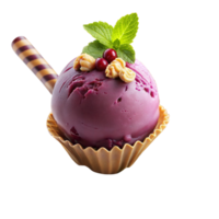 A single scoop of berry ice cream in a waffle cone, garnished with fresh mint and nuts, isolated on a transparent background png