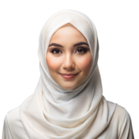 Young woman wearing a white hijab smiles warmly against a transparent background png