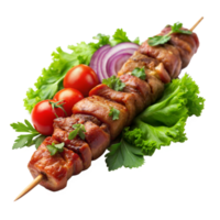 Skewered meat kebab topped with fresh herbs, accompanied by tomatoes and onions on a bed of lettuce png