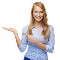 uma alegre mulher dentro uma azul camisa gestos com dela mão png