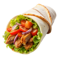 A colorful chicken wrap filled with lettuce, tomatoes, onions, and grilled chicken on a transparent background png