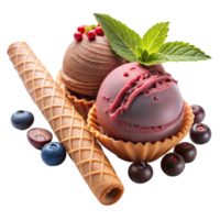 Two ice cream scoops with mint leaves, berries, and waffle rolls on a transparent background png