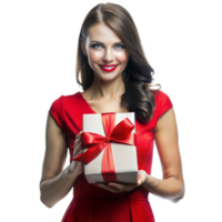 Smiling woman in red dress presenting a wrapped gift box, isolated on a transparent background png