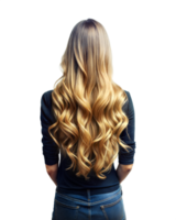 Woman with long, wavy blond hair in a black top and jeans poses against a plain transparent backdrop png