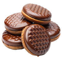 un apilar de rico, cubierto de chocolate galletas con un cruzado modelo en un transparente antecedentes png