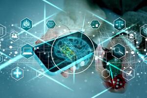 AI , Artificial Intelligence concept. Electronic circuit. Communication network. photo