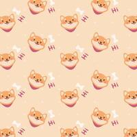 Kawaii cute pattern with shiba inu dog and bone on orange Background vector