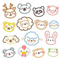 Cute doodle hand drawn kids set. Colorful element of cat, panda, monkey, bunny, dog, pig, frog and lion. vector