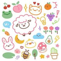 Cute doodle hand drawn kids set. Colorful element of cat, sheep, bee, bunny, frog and flowers. vector