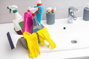 cleaning products in the bathroom. photo