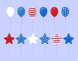 USA balloons set. Flat illustration of decorative elements for Independence Day or other American holidays in United States flag colors, stripes and stars. vector