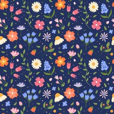 Floral pattern. Cute hand drawn flowers seamless background. Repeating illustration of floral botanical elements and leaves. Natural blossom pattern