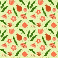 Flowers and green leaves pattern. Cute floral seamless background. Repeating illustration of botanical elements. Hand drawn natural meadow objects pattern. vector