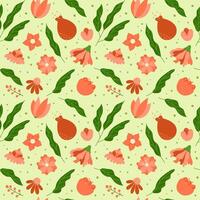 Flowers and green leaves pattern. Cute floral seamless background. Repeating illustration of botanical elements. Hand drawn natural meadow objects pattern. vector