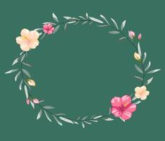 floral round frame, minimal vintage style. Yellow and pink flowers with leafs on green background vector