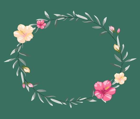 floral round frame, minimal vintage style. Yellow and pink flowers with leafs on green background