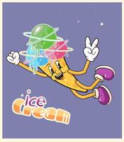 Trendy ice cream waffle cone groovy character. Isolated cosmic summer dessert personage. Funny positive mascot wearing wide funky smile, exuding chill vibes and retro nostalgic charm vector