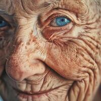 A woman with blue eyes and wrinkles on her face photo