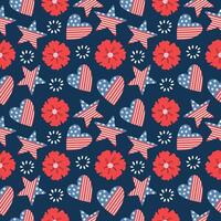 Seamless handdrawn pattern with poppy flower, american flag, stars and hearts. Design 4th of July. vector