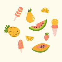 Handdrawn composition of floating summer fruits and desserts. vector