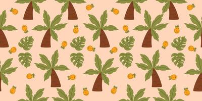 Handdrawn seamless summer pattern with palm trees and pineapples. vector