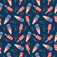 Handdrawn pattern with ice cream painted as American flag. Celebration design for 4th of July. vector