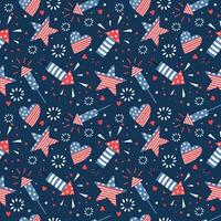 Bright seamless pattern for 4th of July. Hanndrawn design with American flag, stars, fireworks. vector