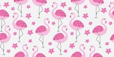 Handdrawn seamless tropical pattern with flamingo and flowers. vector