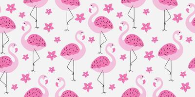 Handdrawn seamless tropical pattern with flamingo and flowers. vector