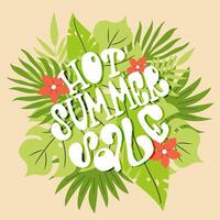 Hot summer sale handdrawn banner with palm leaves and plumeria flowers on background. vector