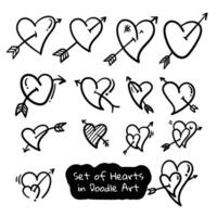 Set of heart shapes template in doodle art or hand drawn design with heart shoot by arrow in various design for , banner, or social media post template vector