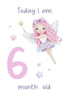 Baby Milestone Card of Cute little fairy and stars. Baby's six month. Six months of baby girl. Monthly numbers cards. Newborn month postcard. Card for kids' photos. vector