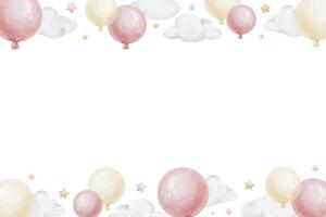 Frame of pink air balloons clouds and stars . Watercolor isolated hand drawn illustration. Wreath for postcards, decoration of children's rooms and party, Baby shower and birthday cards vector