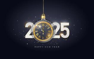 2025 Happy new year on dark banner. luxury background with golden clock metallic numbers date 2025. 16.9 vector