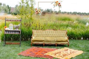 Couch resting on lush green field photo