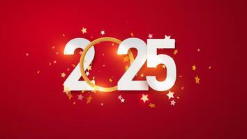 Happy New 2025 Year. Christmas red illustration of white numbers 2025 and sparkling golden glitters pattern. Realistic 3d flat sign. Happy New poster or banner design vector