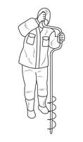 Sketch of a silhouette of a fisherman with an ice screw in his hands, winter fishing vector