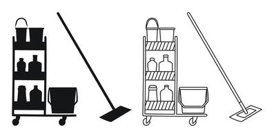 Housekeeping equipment, cleaning trolley, mop, bucket, cleaning products, containers, sketch mockup vector