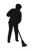 Janitor sweeps with a broom, black silhouette vector