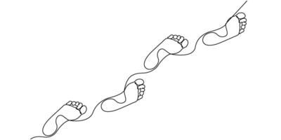 Barefoot human footprint drawn in one continuous editable line. Diagonal track of barefoot footprint in simple linear style. illustration. vector