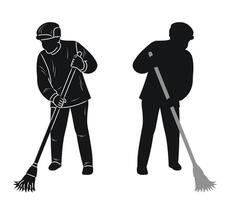 Janitor sweeps with a broom, black silhouette vector