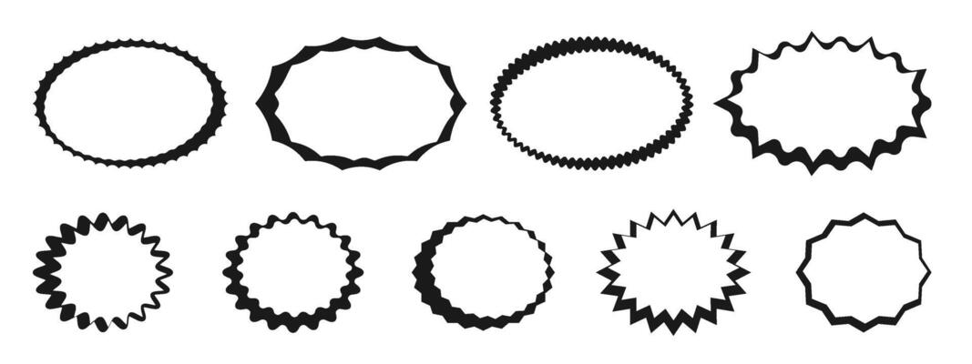 Graphic round and oval design frames. Set of wavy zigzag lines round sticker. Wavy frames for templates, stickers, , web design. illustration