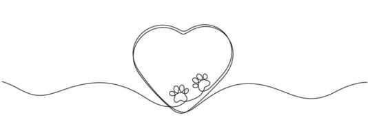 Dog and cat paw hearts drawn in one continuous line. Dog paw prints in a heart frame in a simple linear style. Concept of love for animals. Single line editable linear illustration. vector