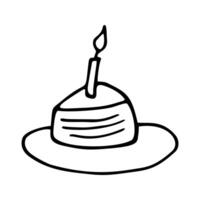 Single hand drawn cake with candles for greeting, birthday card, posters, recipe, culinary design. Isolated on white background. Doodle illustration. vector