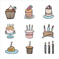 Color hand drawn birthday cake with candles set. Doodle illustration. vector