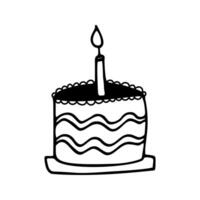 Single hand drawn cake with candles for greeting, birthday card, posters, recipe, culinary design. Isolated on white background. Doodle illustration. vector