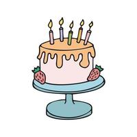 Color hand drawn birthday cake with candles. Doodle illustration. vector