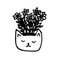 soltero linda mano dibujado flores maceta con gato rostro. garabatear ilustración casa planta para Boda diseño, logo, saludo tarjeta o estacional diseño. aislado en blanco antecedentes. vector