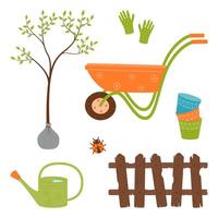 A set for gardening and planting plants - a garden wheelbarrow, a seedling, a watering can, gloves, a wooden fence, empty pots. vector