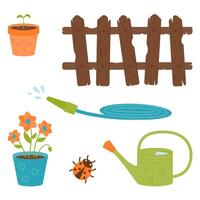 un conjunto para jardinería y plantando plantas - un de madera cerca, un riego manguera, un riego poder, un flor en un maceta, un mariquita. vector